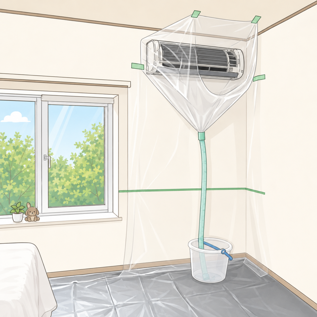エアコン周辺を養生して丁寧に作業する様子