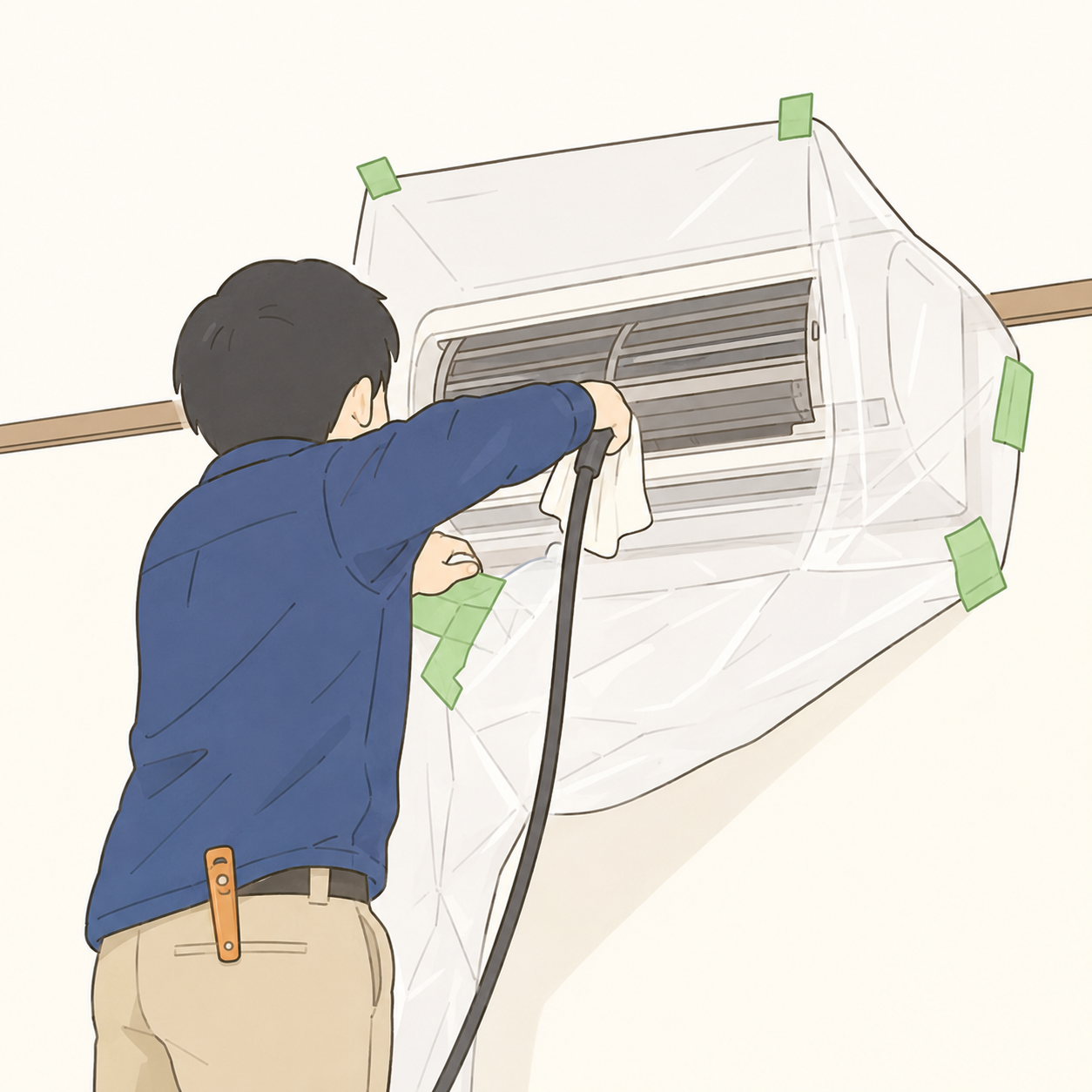 養生をしてエアコン内部を分解洗浄するスタッフ
