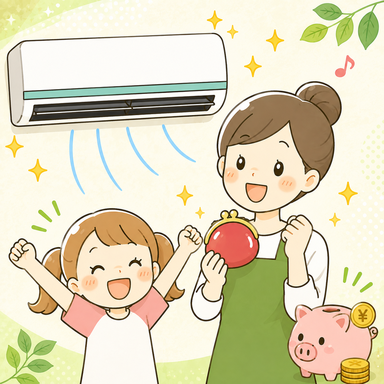 清潔なエアコンと笑顔の親子