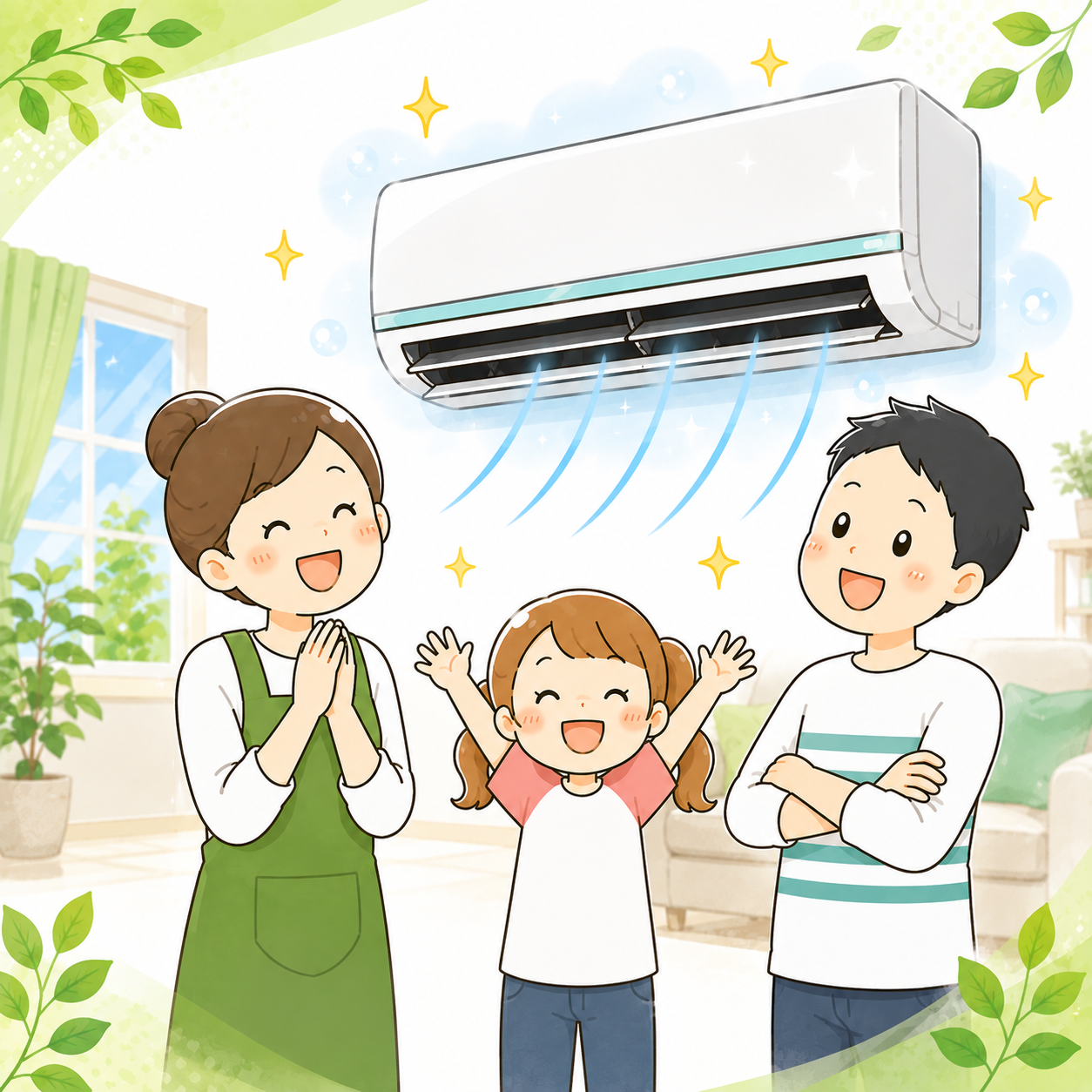 清潔なエアコンの風を喜ぶ家族